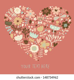 Romantic floral heart. Vector cute background with flowers. Valentines day card design. Wedding invitation.