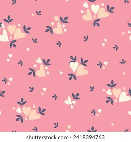 Romantic floral hearts pattern with leaves in clusters, bunches. Vector illustration. Valentine's Day design	
