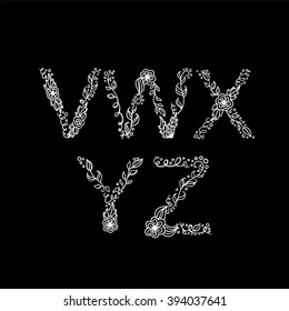 Romantic floral, herbal hand drawn alphabet letters. Vintage ornament from vector flower, branch and leaf. Sweet, tender lace style, miniature weave. Decorative font, type for card, invitation design