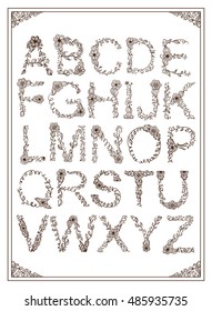 Romantic floral, herbal hand drawn alphabet letters. Vintage ornament from vector flower, branch and leaf. Sweet tender lace style. Decorative font, type for card, invitation design. Typography design