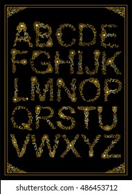 Romantic floral, herbal hand drawn alphabet letters. Vintage ornament from vector flower, branch, leaf. Ornate lace style. Decorative font, type for card, invitation design. Premium gold metal style