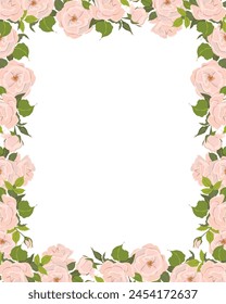 Romantic floral horizontal frame, elegant pastel pink flowers, buds and green leaves. A wreath of summer flowers for a wedding invitation in Provence style. Vector flat illustration.