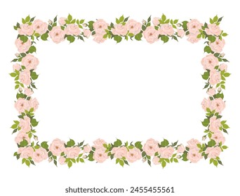 Romantic floral horizontal frame, elegant pastel pink flowers, buds and green leaves. A wreath of summer flowers for a wedding invitation in Provence style. Vector flat illustration.