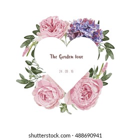 Romantic floral invitation card, flowers pattern and heart label vector illustration