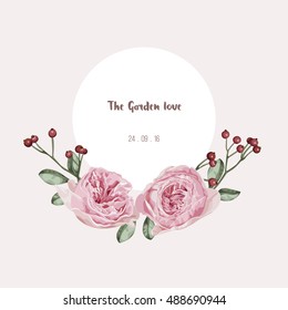 Romantic floral invitation card, flowers pattern and circle label vector illustration