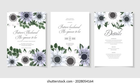 Romántico modelo de invitación a matrimonio floral para la celebración de nupcias de la hermosa pareja. Flores esquemáticas, hojas, ramas, follaje, corona, floral, hierbas