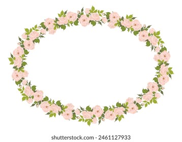 Romantischer ovaler Blumenrahmen, elegante pastellrosa Blüten, Knospen und grüne Blätter. Ein Kranz aus Sommerblumen für eine Hochzeitseinladung im provenzalischen Stil. Vektorgrafik flache Abbildung.