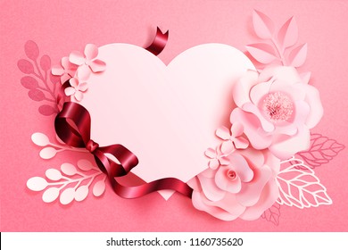 Romantic floral paper art with heart shape and ribbons in pink tone, 3d illustration