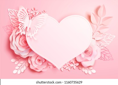 Romantic floral paper art with heart shape and butterfly in pink tone, 3d illustration