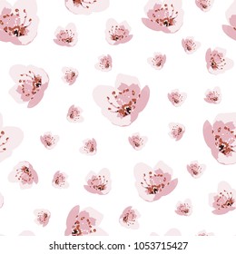 Romantic floral pattern with cherry blossom on the white background. Soft pastel color palette. Vector design.