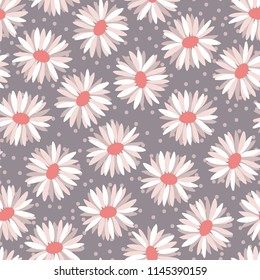 Romantic floral pattern with daisies and polka dots. Soft color palette. Vector design.