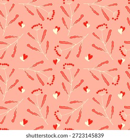 Romantisches Blumenmuster mit Doodle von Zweigen mit roten Beeren auf rosafarbenem Hintergrund. Perfekt für Hochzeiten, Valentinstag, intime Anlässe und Frauentag. Vektorgrafik