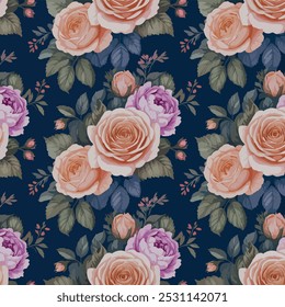 A romantic floral pattern featuring lush, blooming roses in shades of peach and pink, surrounded by greenery and delicate buds, against a deep navy background.
