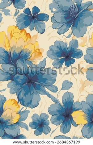A romantic floral pattern with a timeless vintage feel. Large, painterly flowers bloom in a beautiful palette of dusty blue and golden yellow, creating a classic and elegant seamless design