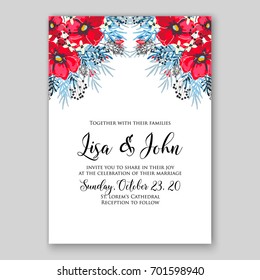 Romantic floral peony, poppy bouquet bride wedding invitation template design. 