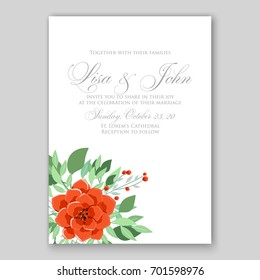 Romantic floral peony, poppy bouquet bride wedding invitation template design. 
