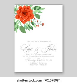 Romantic floral peony, poppy bouquet bride wedding invitation template design. 