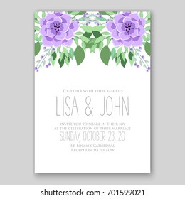 Romantic floral peony, poppy bouquet bride wedding invitation template design. 