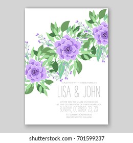 Romantic floral peony, poppy bouquet bride wedding invitation template design. 