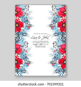 Romantic floral peony, poppy bouquet bride wedding invitation template design. 