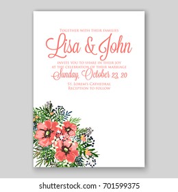 Romantic floral peony, poppy bouquet bride wedding invitation template design. 