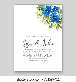 Romantic floral peony, poppy bouquet bride wedding invitation template design. 