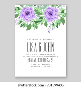 Romantic floral peony, poppy bouquet bride wedding invitation template design. 