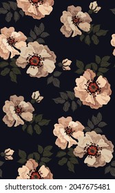 Romantic floral print with large light flower heads on a dark background. Seamless botanical pattern in vector.