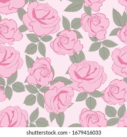 Romantic floral print. Seamless  pattern with pink roses with leaves. Template for cards, gift wrappings and textile design.