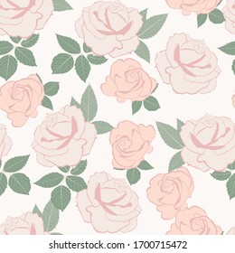 Romantic floral print. Seamless  pattern with white beige roses with leaves. Template for cards, gift wrappings and textile design.