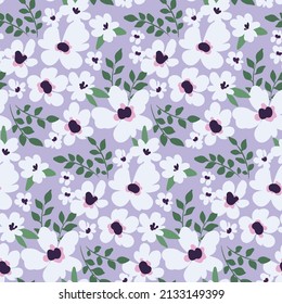 Impresión floral romántica, estampado floral sin fisuras con flores blancas. Fondo botánico de libertad con flores dibujadas a mano, hojas. Delicada superficie botánica en tonos pastel. Ilustración vectorial.