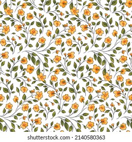 Romantic floral print, seamless pattern with small yellow flowers, fresh leaves, tiny twigs scattered on a white background. Liberty botanical background with painted plants. Vector illustration.