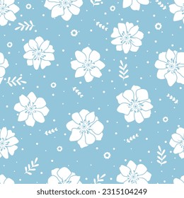 Romantic floral print, seamless floral pattern with white flowers and leaves. Delicate botanical surface 