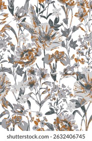 Romantic floral print with wildflowers sketch. Seamless pattern, gentle botanical background with various small flowers. Vector illustration.