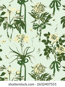 Romantic floral print with wildflowers sketch. Seamless pattern, gentle botanical background with various small flowers. Vector illustration.