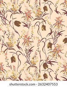 Romantic floral print with wildflowers sketch. Seamless pattern, gentle botanical background with various small flowers. Vector illustration.