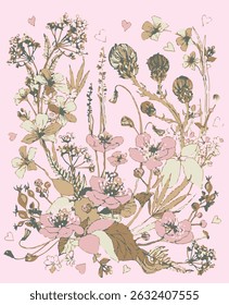 Romantic floral print with wildflowers sketch. Seamless pattern, gentle botanical background with various small flowers. Vector illustration.