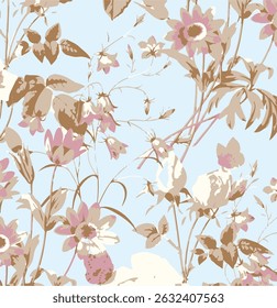 Romantic floral print with wildflowers sketch. Seamless pattern, gentle botanical background with various small flowers. Vector illustration.