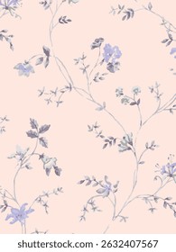 Romantic floral print with wildflowers sketch. Seamless pattern, gentle botanical background with various small flowers. Vector illustration.