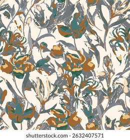 Romantic floral print with wildflowers sketch. Seamless pattern, gentle botanical background with various small flowers. Vector illustration.