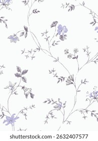 Romantic floral print with wildflowers sketch. Seamless pattern, gentle botanical background with various small flowers. Vector illustration.