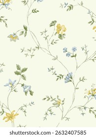 Romantic floral print with wildflowers sketch. Seamless pattern, gentle botanical background with various small flowers. Vector illustration.