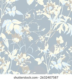 Romantic floral print with wildflowers sketch. Seamless pattern, gentle botanical background with various small flowers. Vector illustration.