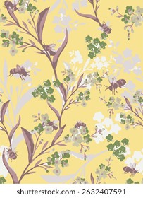 Romantic floral print with wildflowers sketch. Seamless pattern, gentle botanical background with various small flowers. Vector illustration.