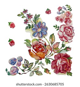 Romantic floral scarf design with roses and wildflowers in soft red, ginger and blue on a textured background. This artistic pattern is available as vector illustration.