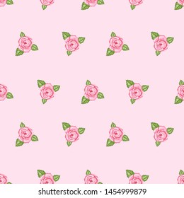 Romantic floral seamless pattern with beautiful roses pink background. Flowers Pattern for wrapping paper and fashion prints. Vector.