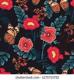 Romantic Floral seamless pattern blooming colorful flowers with butterfly Botanical garden night  Motifs vector texture. Design for fashion  Printing with in hand drawn style on black