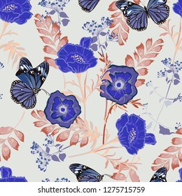 Romantic  Floral seamless pattern blooming colorful flowers with butterfly Botanical garden  Motifs vector texture. Design for fashion  Printing with in hand drawn style on light grey background