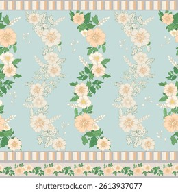 Romantic floral seamless pattern with cream and peach flowers on a light blue background. Ideal for vintage fabric, wrapping paper, or spring fashion textiles.