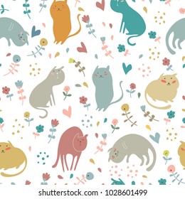 Romantic floral seamless pattern with cute cats in flowers. Vector spring background in pastel colors